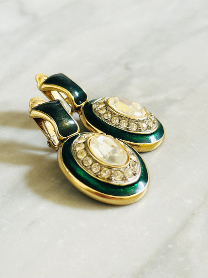 Orecchini Vintage - Pendenti con Smalto Verde Petrolio e Cristalli | Clip-On