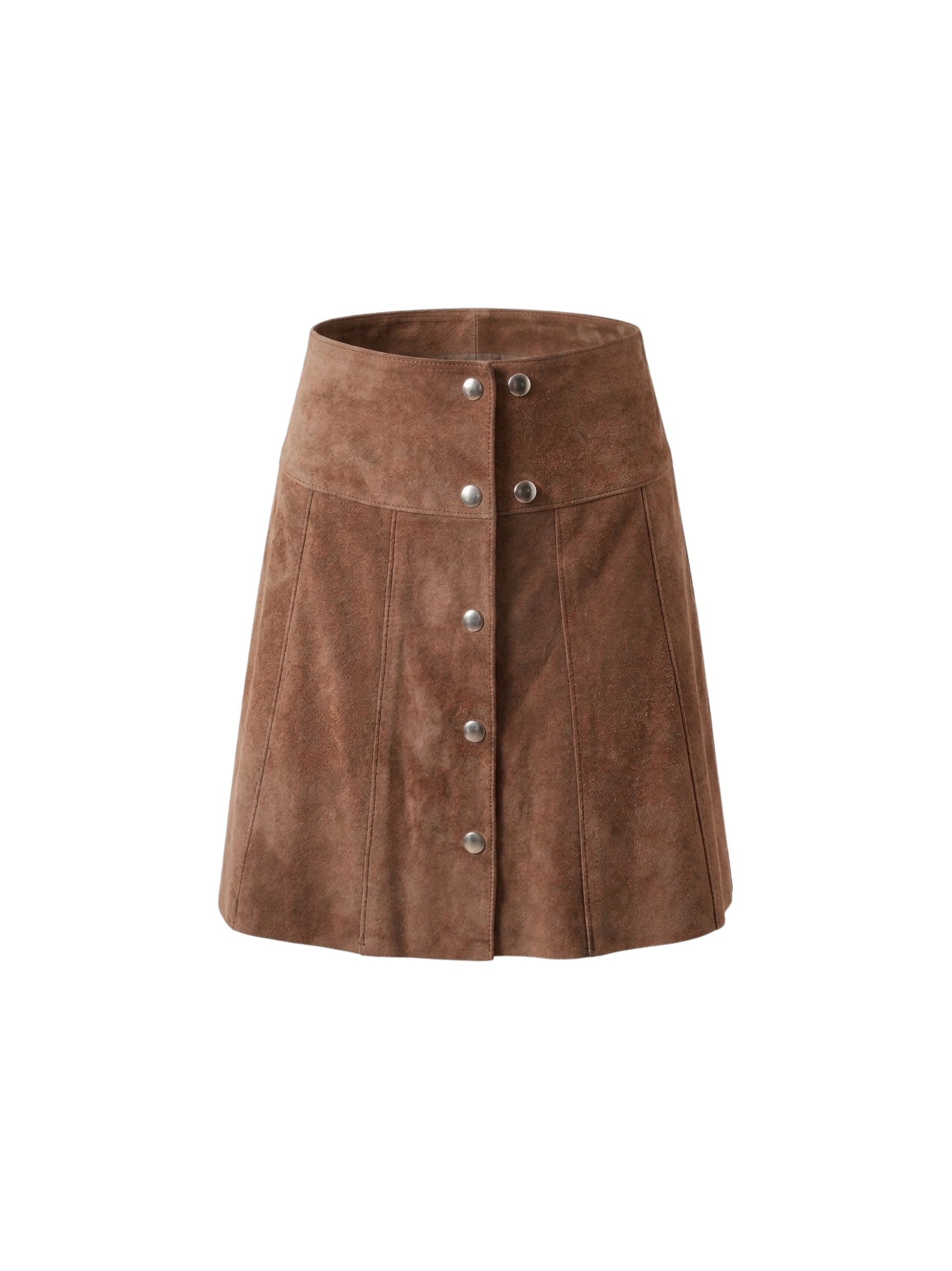 Gonna Mini in Vera Pelle Scamosciata Marrone – Bottoni a Pressione e Pannelli Verticali
