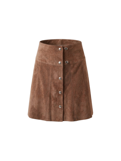 Gonna Mini in Vera Pelle Scamosciata Marrone – Bottoni a Pressione e Pannelli Verticali