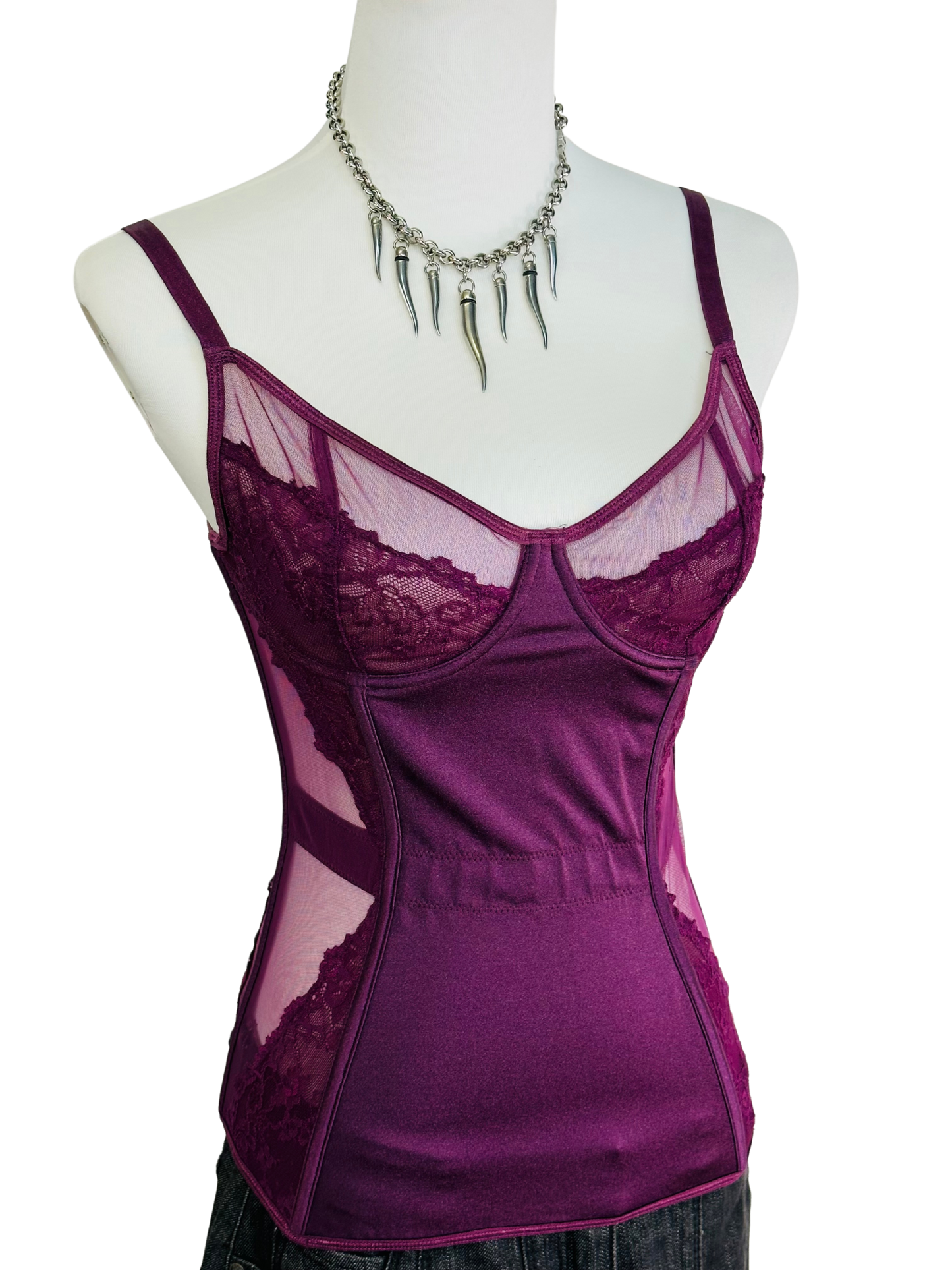 Corsetto vintage in micromesh e pizzo color mora