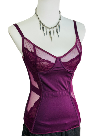 Corsetto vintage in micromesh e pizzo color mora