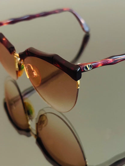 VALENTINO –  Occhiali Da Sole Vintage – Semi Rimless Bordeaux & Oro – Made in Italy