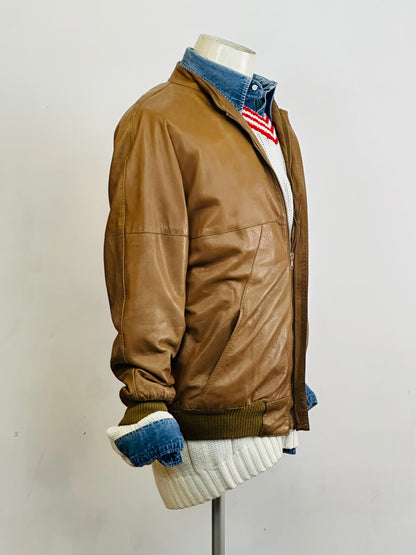 🧥 Giacca vintage in pelle color miele chiaro – Bomber anni ’80