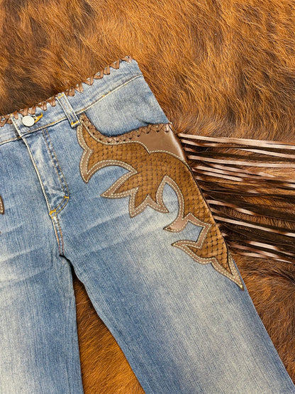 ￼ROBERTO CAVALLI - Jeans Western Revival in Denim e Pelle con Frange