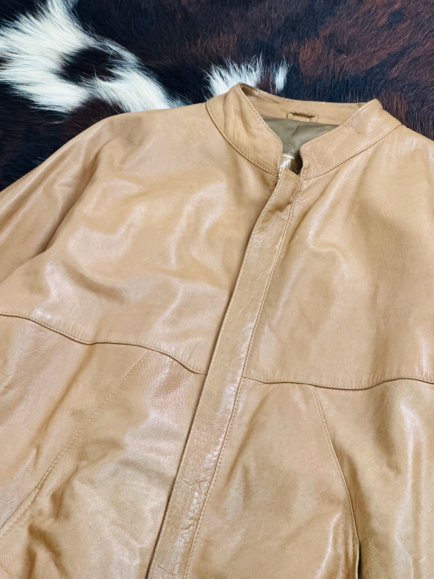 🧥 Giacca vintage in pelle color miele chiaro – Bomber anni ’80