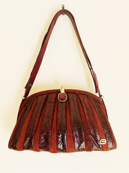 CLUTCH - Borsa vintage in pitone bordeaux dettagli in suede e chiusura gioiello