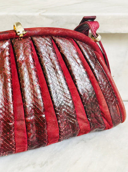CLUTCH - Borsa vintage in pitone bordeaux dettagli in suede e chiusura gioiello