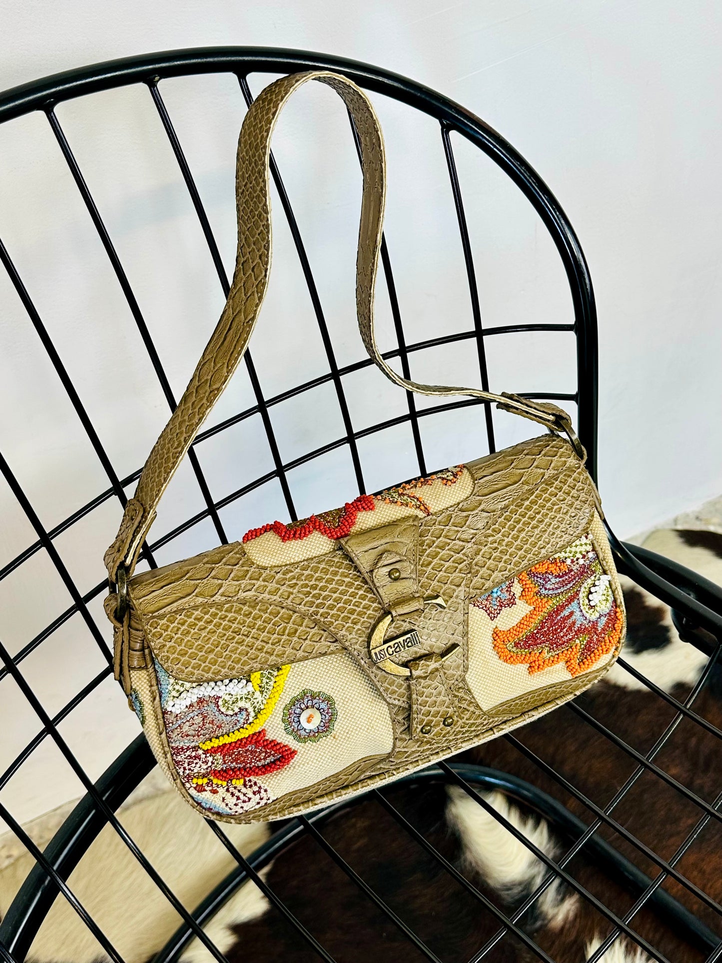 JUST CAVALLI - Borsa hobo-chic Y2K in tessuto ricamato e pelle effetto pitone