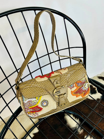 JUST CAVALLI - Borsa hobo-chic Y2K in tessuto ricamato e pelle effetto pitone