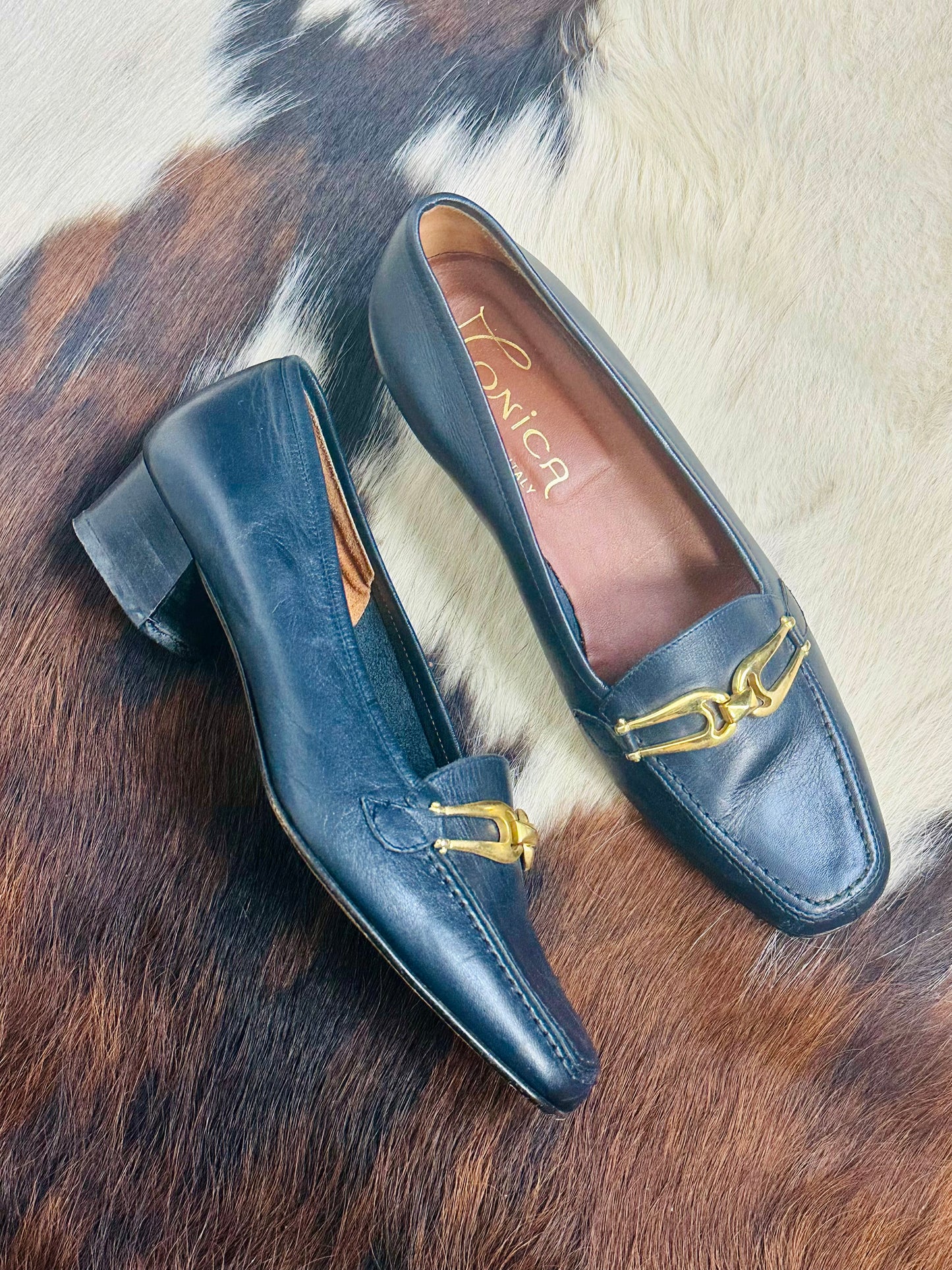 Mocassini Vintage in Pelle Blu con Fibbia Oro | Made in Italy | Tg 36