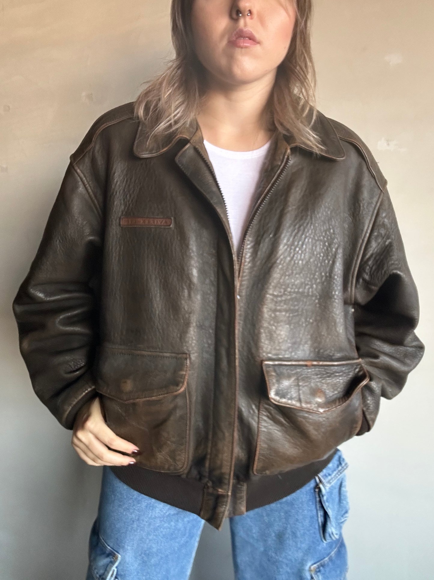 Avirex- Giacca in pelle bomber marrone invecchiato