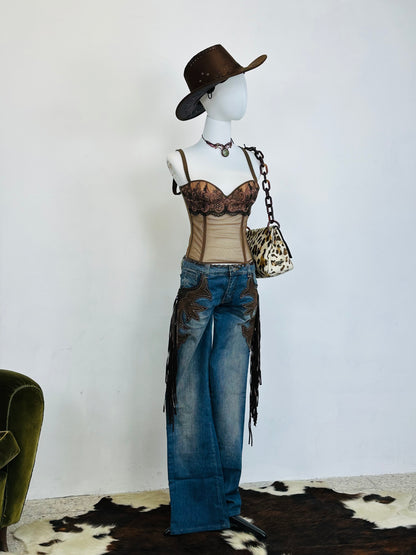 Corsetto Vintage Anni 2000 in Tulle Ricamato e Micromesh Nude