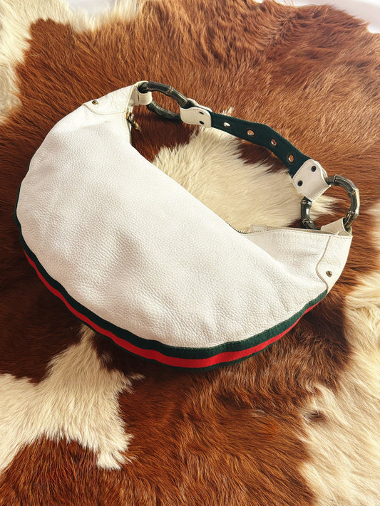GUCCI - Vintage Bamboo Ring Web Hobo Bag in pelle bianca – Early 2000s