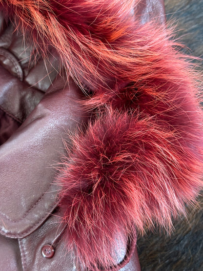 Giacca di pelle Rosso Borgogna con cappuccio e pelliccia