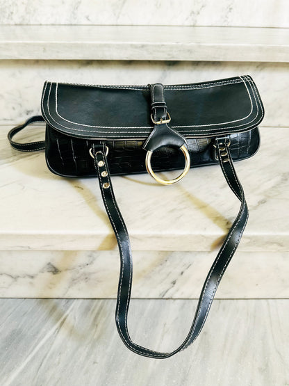 Borsa Baguette Vintage Y2K Nera Effetto Cocco Shoulder Bag
