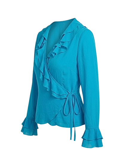 Top vintage in pura seta turchese con volant 🦋