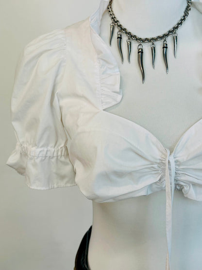 Crop Top Bianco con Maniche a Sbuffo e Coulisse