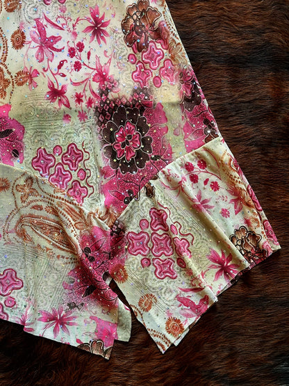 Gonna vintage patchwork con volant asimmetrico e glitter – Rosa & paisley Y2K