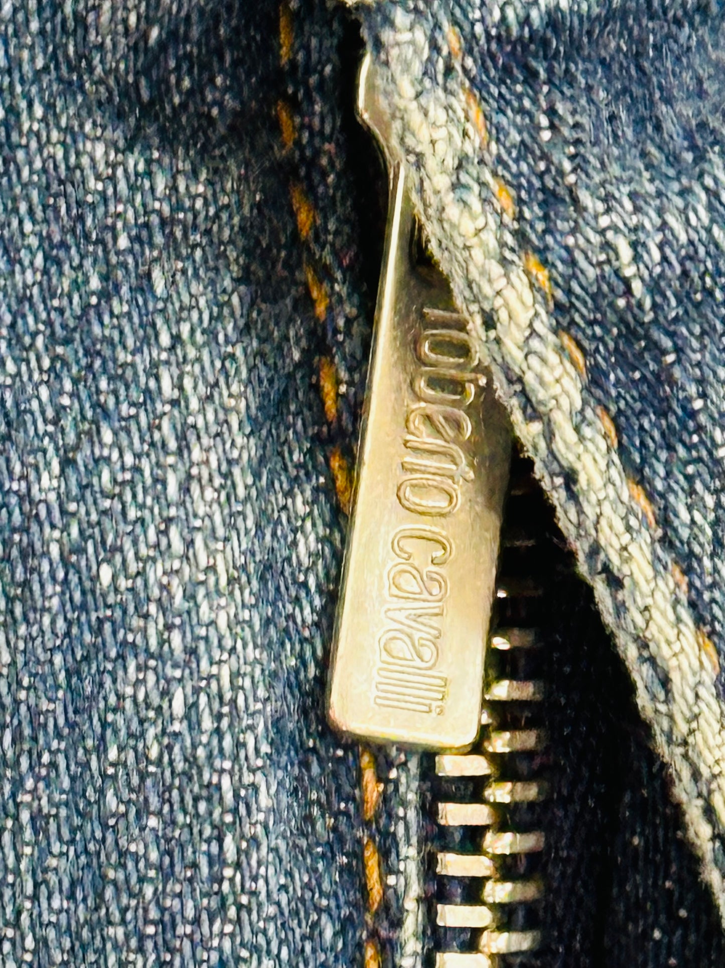 ￼ROBERTO CAVALLI - Jeans Western Revival in Denim e Pelle con Frange