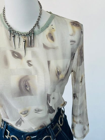 Top in Micromesh “Occhi” Stampato – Anni 2000 Y2K Style