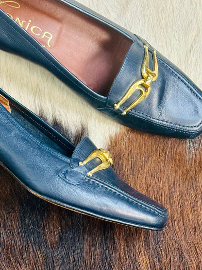 Mocassini Vintage in Pelle Blu con Fibbia Oro | Made in Italy | Tg 36