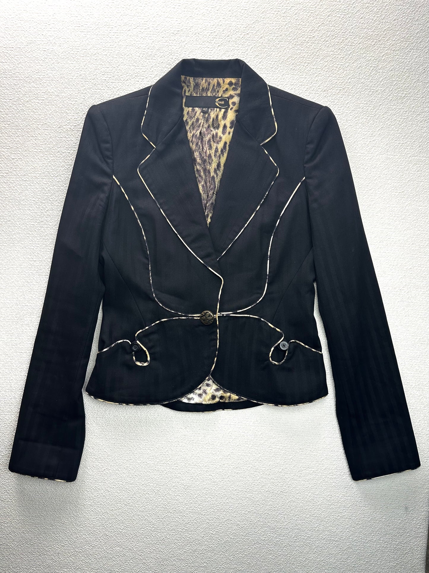 JUST CAVALLI - Blazer nero dettagli animalier e profili a contrasto