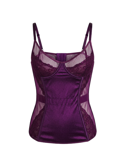 Corsetto vintage in micromesh e pizzo color mora