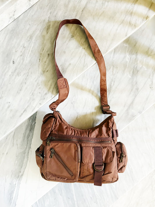 Vintage Y2K Multipocket Nylon Shoulder Bag – Borsa Utility Marrone