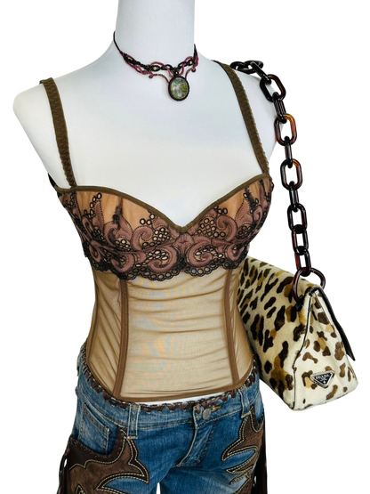 Corsetto Vintage Anni 2000 in Tulle Ricamato e Micromesh Nude