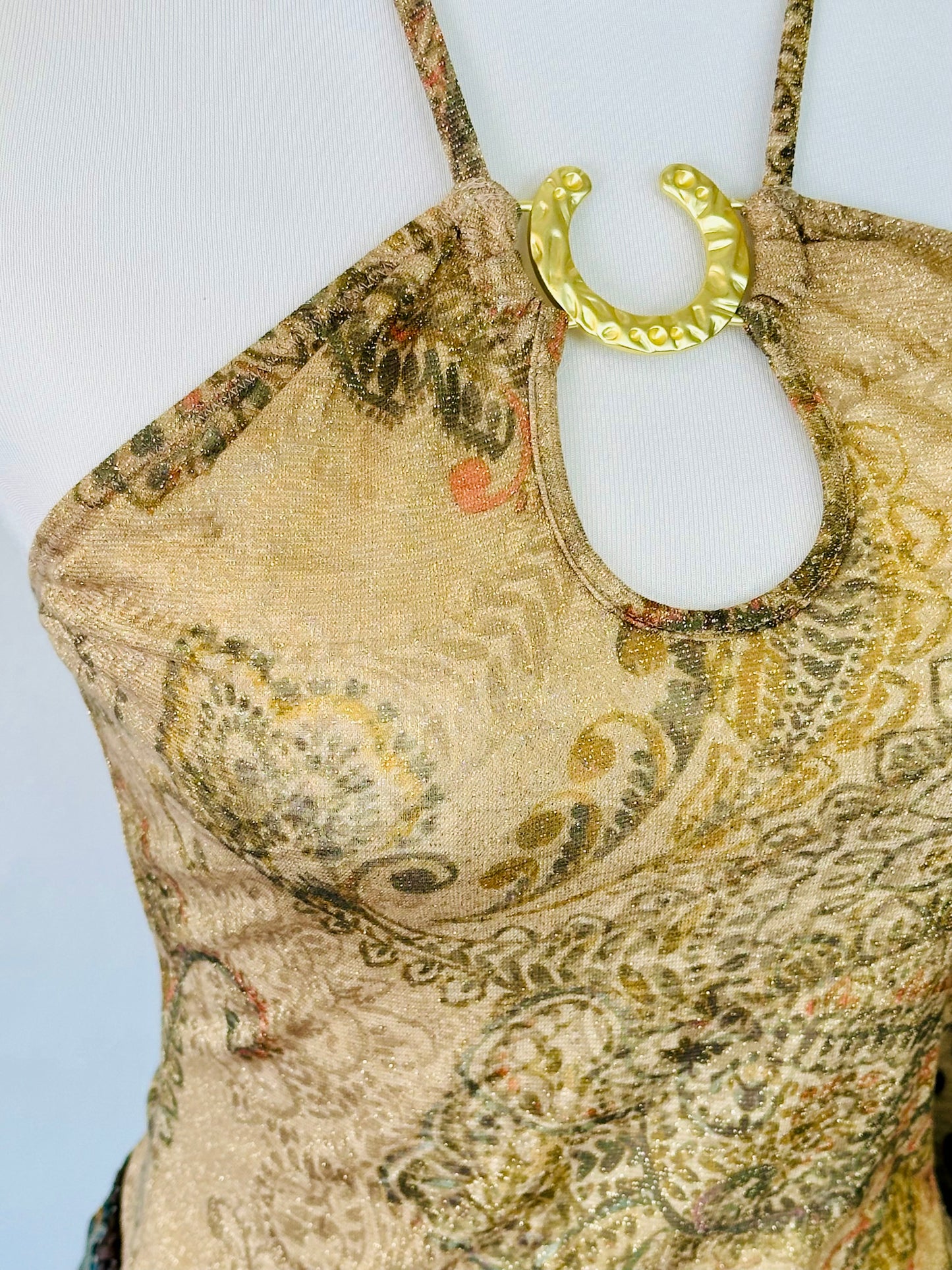 Top Halter Vintage con Stampa Paisley & Anello Gioiello – Anni 2000 Y2K Rodeo Style