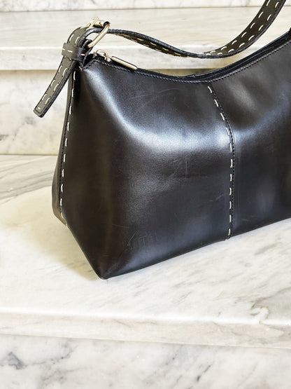 MARELLA– Borsa vintage in pelle nera con impunture a contrasto