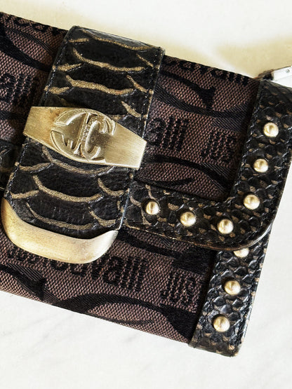 JUST CAVALLI - Portafoglio vintage Y2K monogram con borchie e dettagli animalier