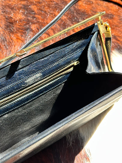 CLUTCH - Borsa Vintage Structured in Pelle Blu Notte con Chiusura Gioiello