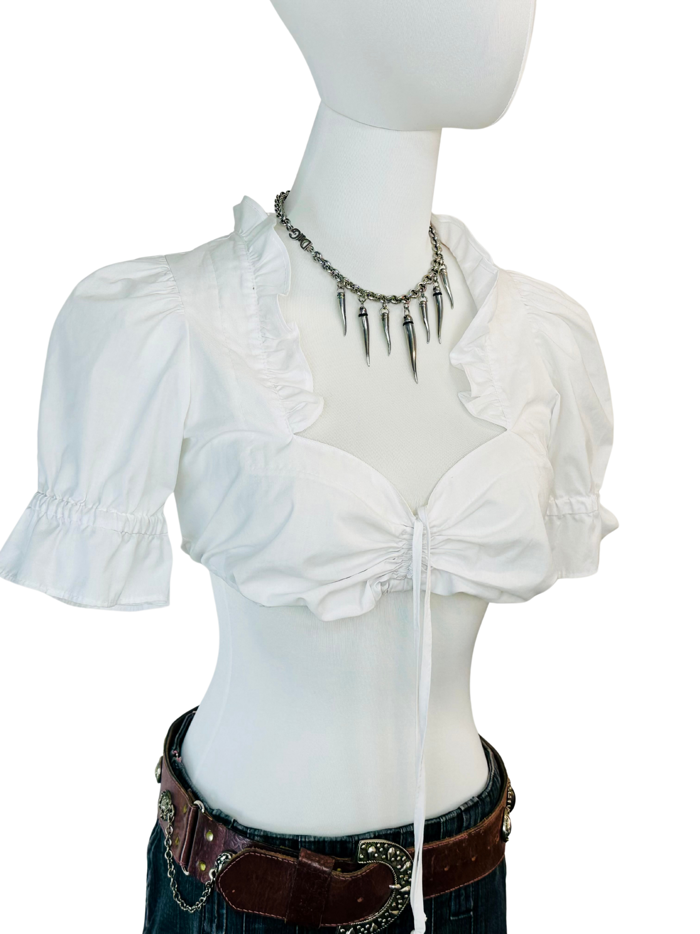 Crop Top Bianco con Maniche a Sbuffo e Coulisse
