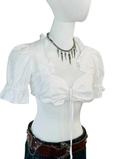 Crop Top Bianco con Maniche a Sbuffo e Coulisse