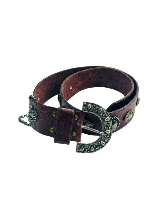 Cintura anni 2000 Vintage in Pelle Borchiata con Catena – Western Glam Revival
