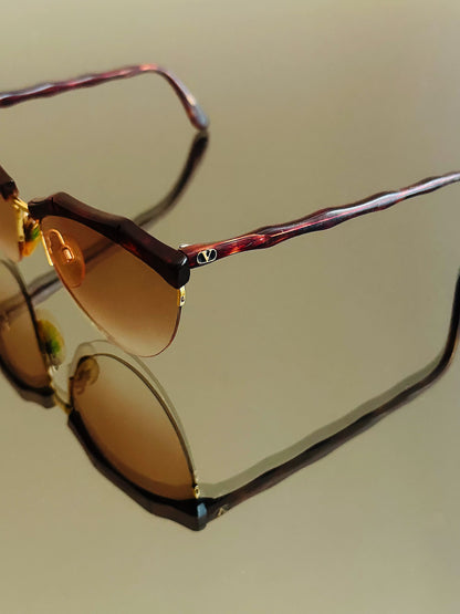 VALENTINO –  Occhiali Da Sole Vintage – Semi Rimless Bordeaux & Oro – Made in Italy