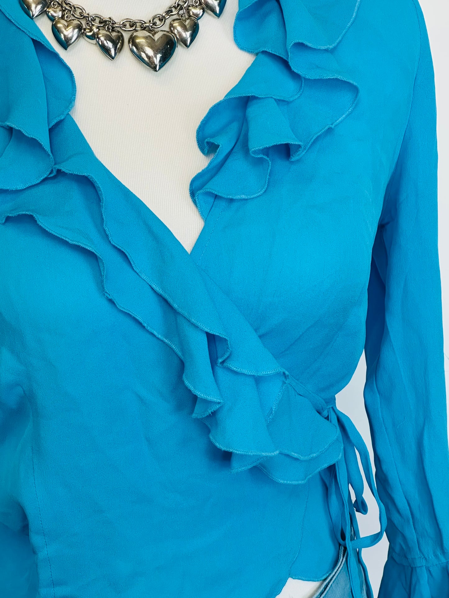 Top vintage in pura seta turchese con volant 🦋