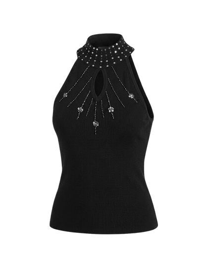 Top halter nero embellished con strass Y2K