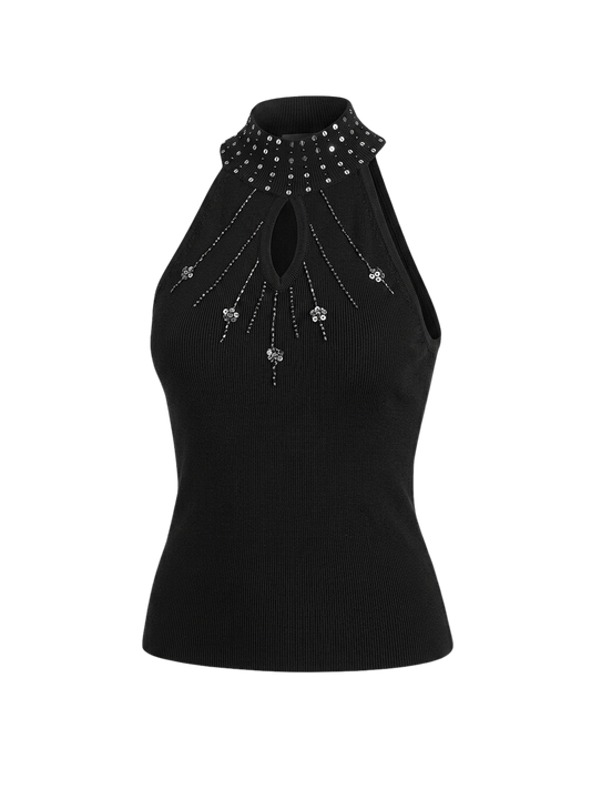 Top halter nero embellished con strass Y2K