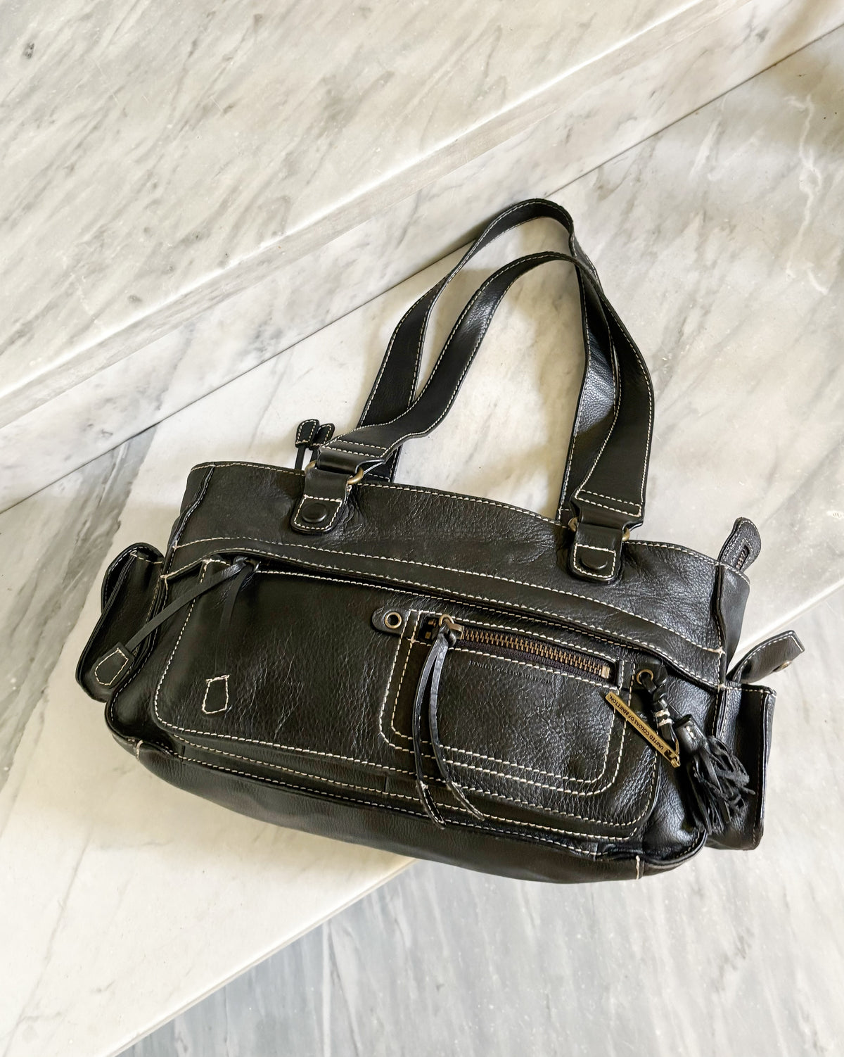 Borsa vintage Y2K in pelle marrone testa di moro multi-pocket con cuciture a contrasto