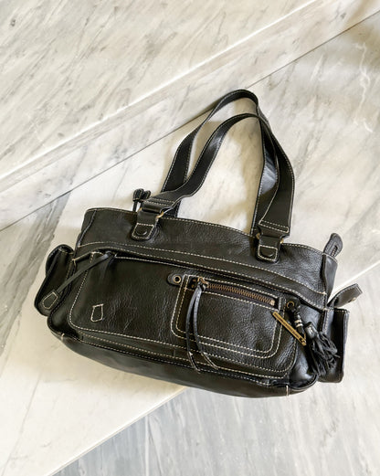 Borsa vintage Y2K in pelle marrone testa di moro multi-pocket con cuciture a contrasto