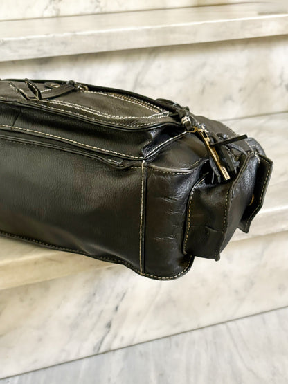 Borsa vintage Y2K in pelle marrone testa di moro multi-pocket con cuciture a contrasto