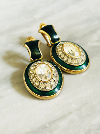 Orecchini Vintage - Pendenti con Smalto Verde Petrolio e Cristalli | Clip-On