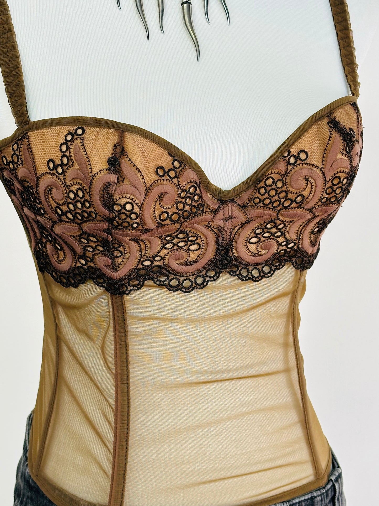 Corsetto Vintage Anni 2000 in Tulle Ricamato e Micromesh Nude