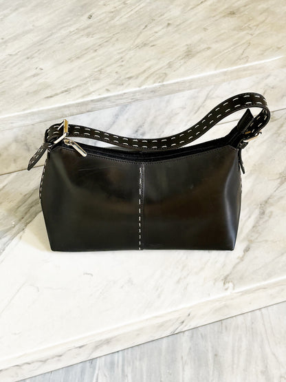 MARELLA– Borsa vintage in pelle nera con impunture a contrasto