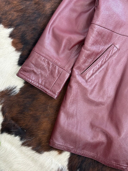 Giacca di pelle Rosso Borgogna con cappuccio e pelliccia