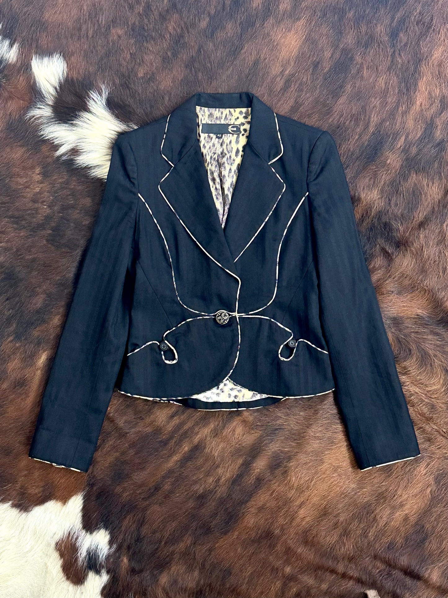 JUST CAVALLI - Blazer nero dettagli animalier e profili a contrasto