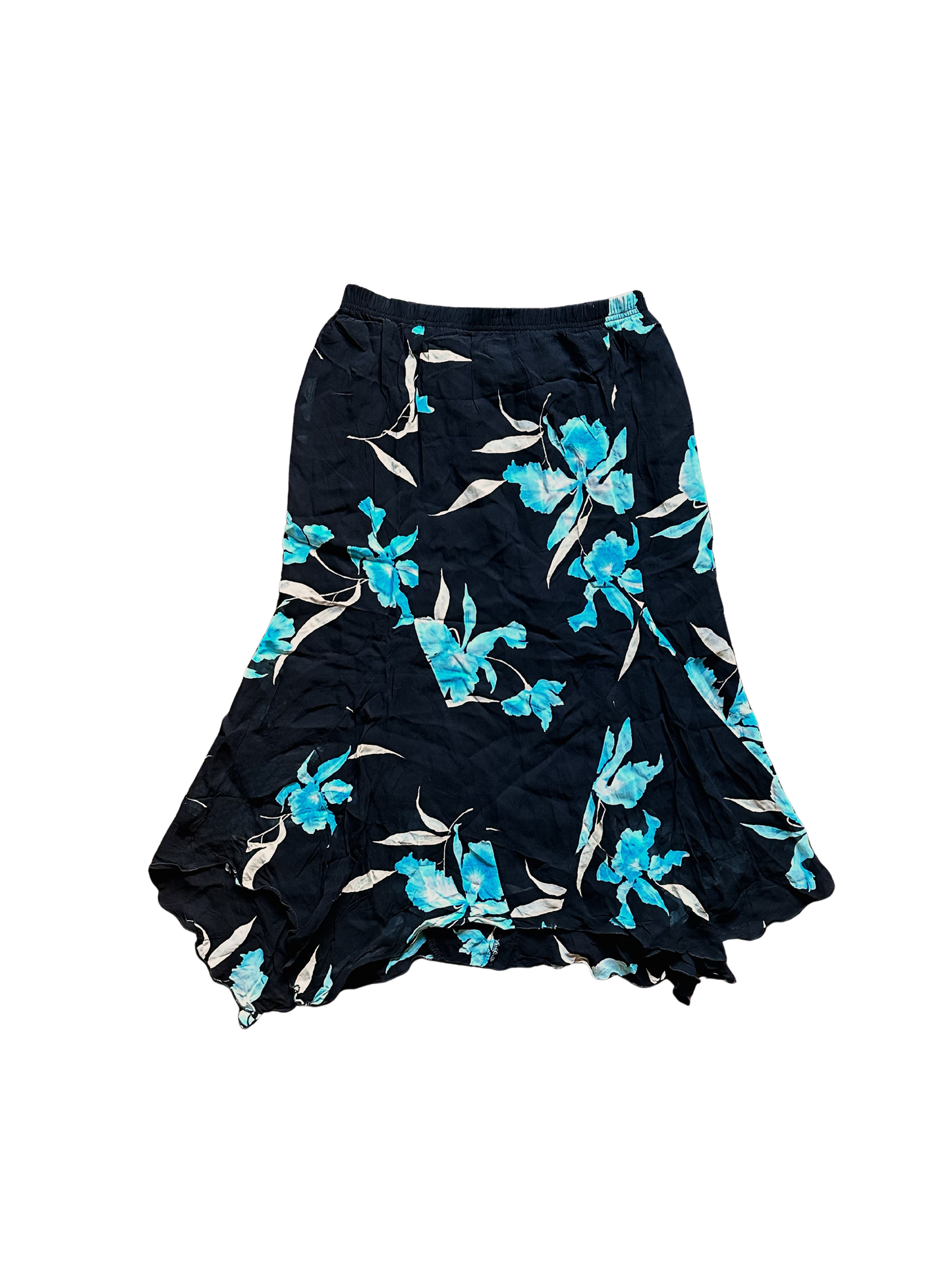 Gonna Vintage in Viscosa Nera con Stampa Floreale Azzurra