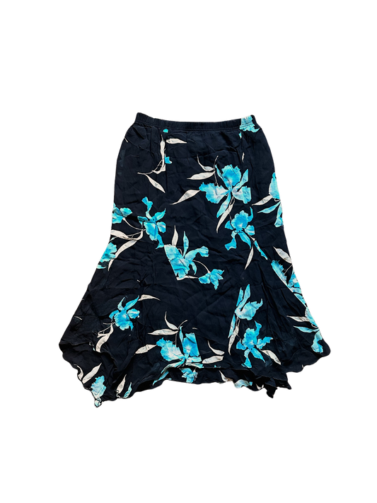 Gonna Vintage in Viscosa Nera con Stampa Floreale Azzurra